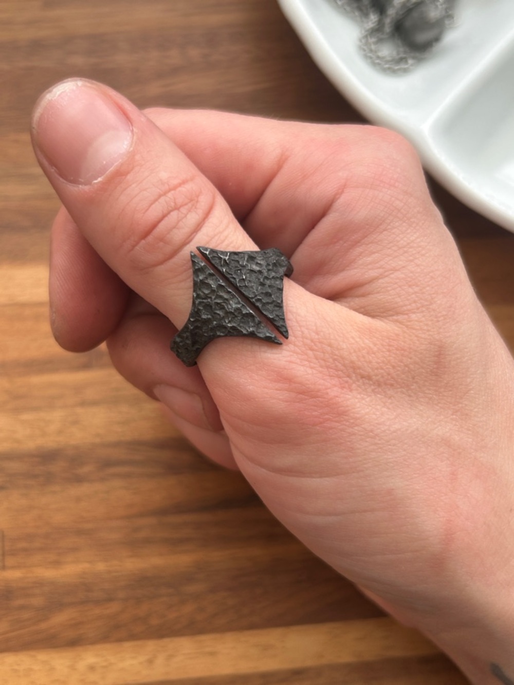 Hammered Dark Metal Statement Ring - Geometric Design